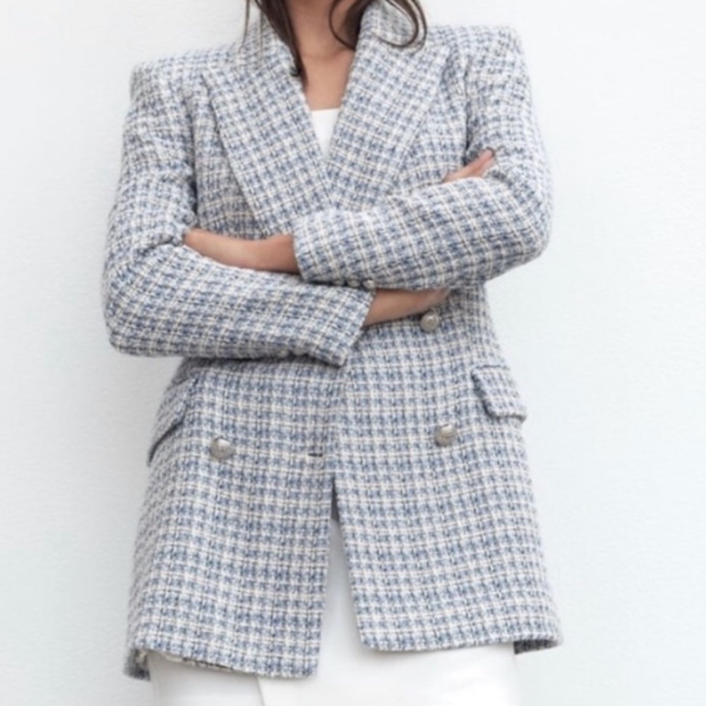 Zara Double Breasted Light Blue and White Tweed Knit Blazer